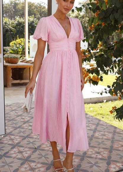 Rosalie – Puff Sleeve Button-Front Midi Dress