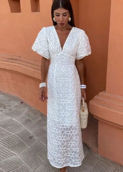 Fleur Embroidered Puff Sleeve Maxi Dress