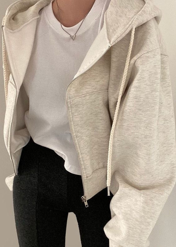 Harlow – Neutral Zip-Up Hoodie with Drawstring Hood