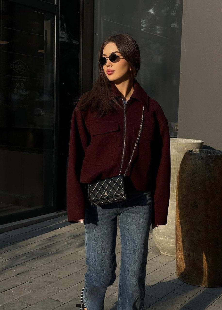 Bordeaux City Zip Jacket – Boxy Wool Blend Fit