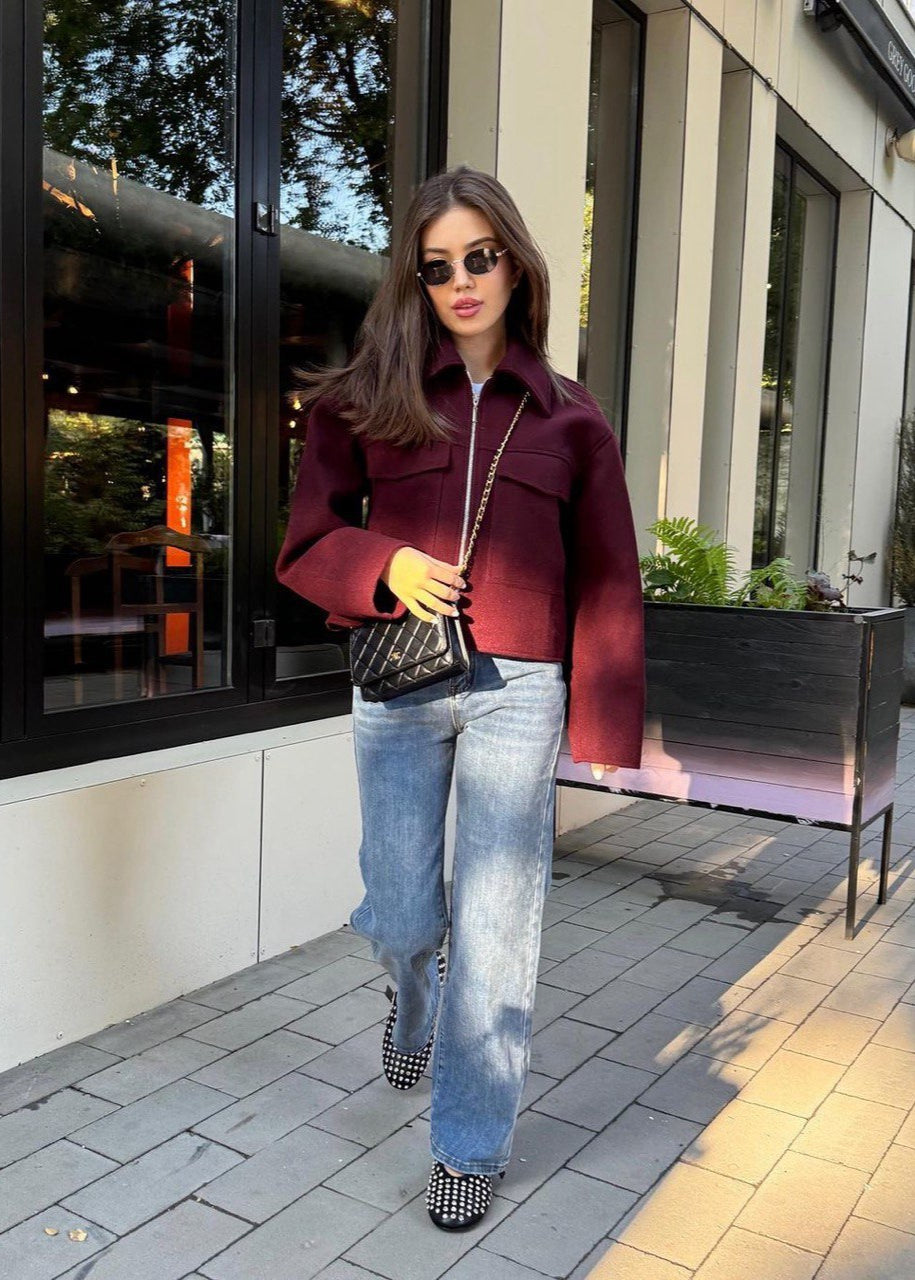 Bordeaux City Zip Jacket – Boxy Wool Blend Fit