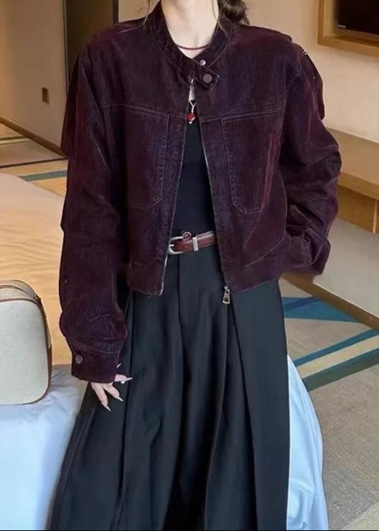 Aubergine Cord Jacket – Vintage-Inspired Zip-Up in Washed Velvet