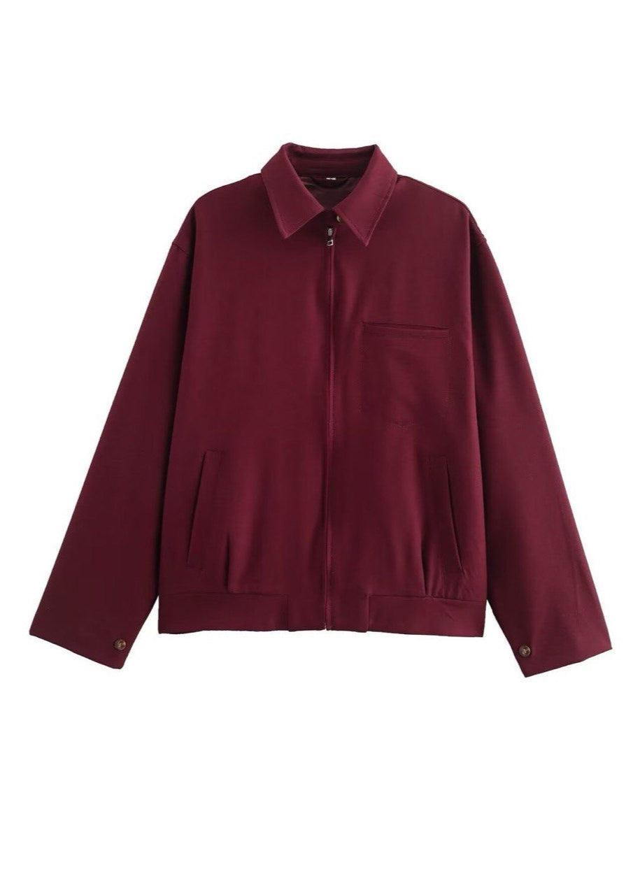 Crimson Way – Oversized Zip-Up Jacket in Deep Burgundy