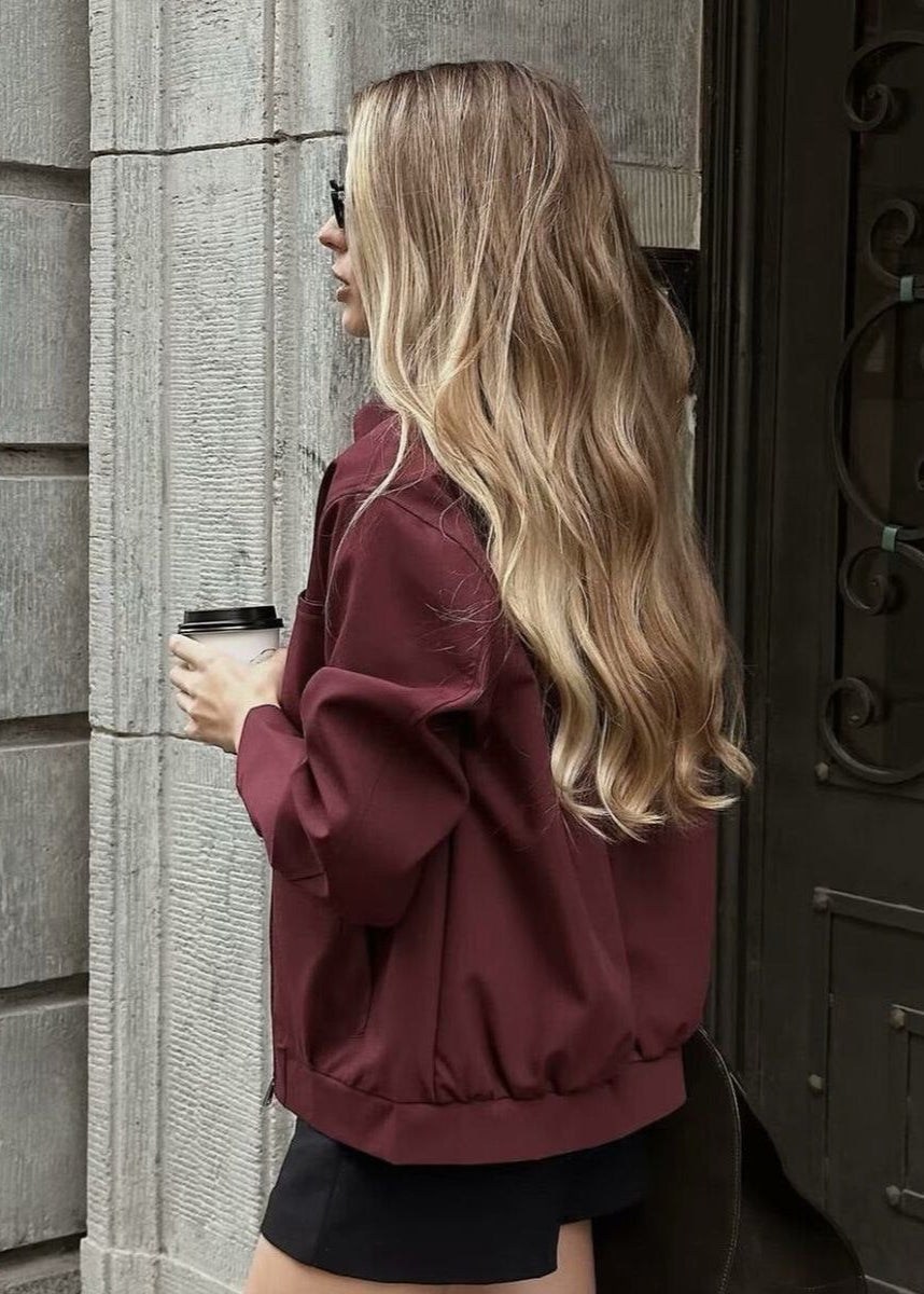 Crimson Way – Oversized Zip-Up Jacket in Deep Burgundy
