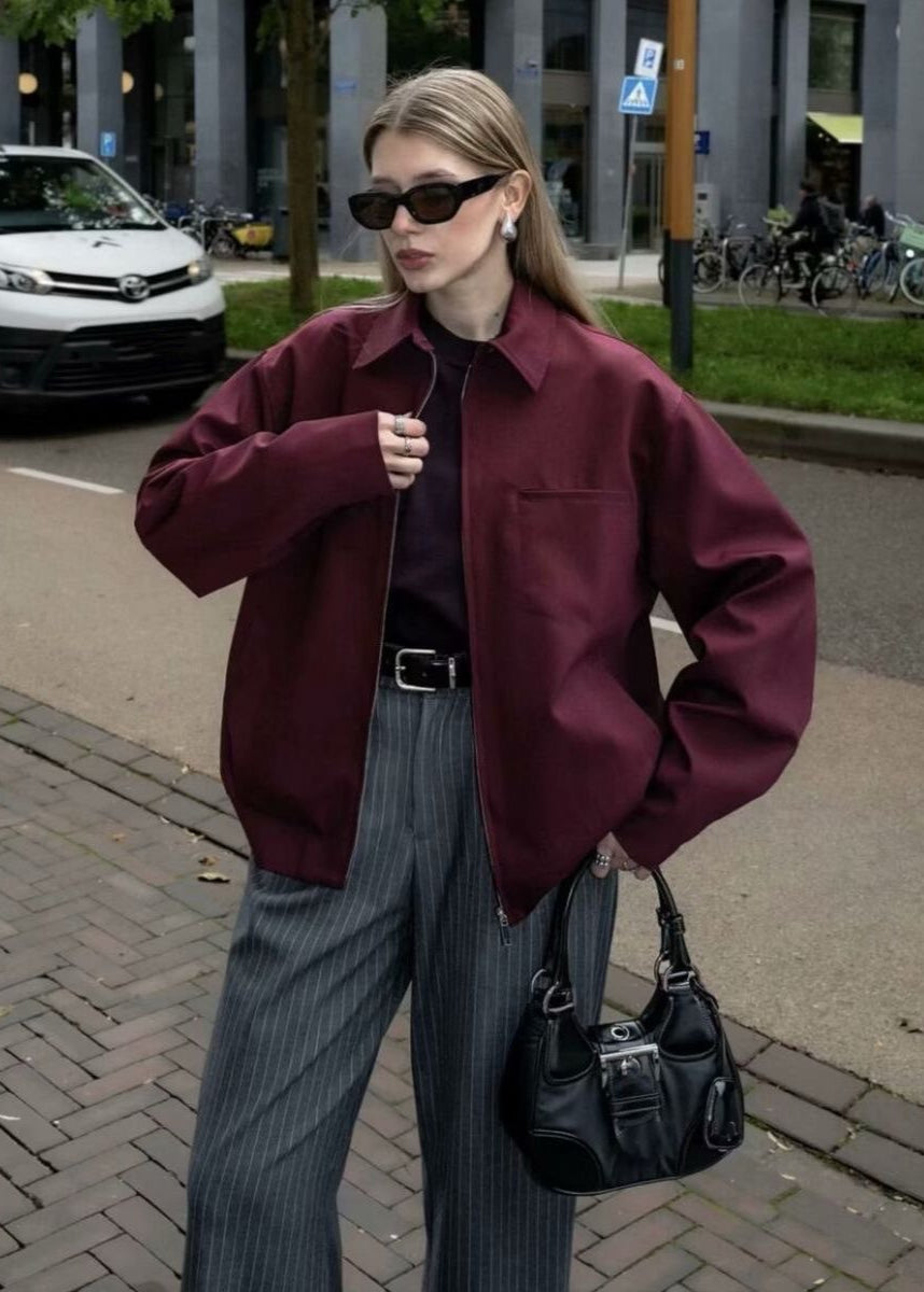 Crimson Way – Oversized Zip-Up Jacket in Deep Burgundy