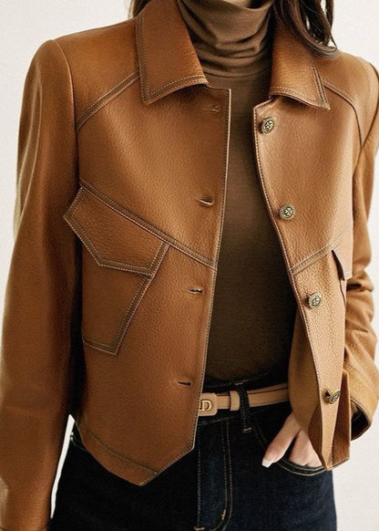 Sienna Faux Leather Jacket – Cropped Button-Up in Caramel Brown