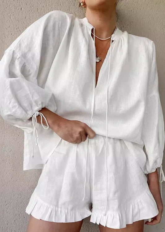 Isla Cotton Lounge Set – White Long Sleeve Top & Ruffled Shorts