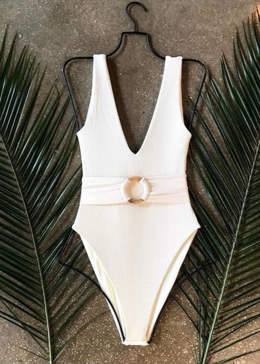 Carmela – Textured Belted One-Piece Swimsuit