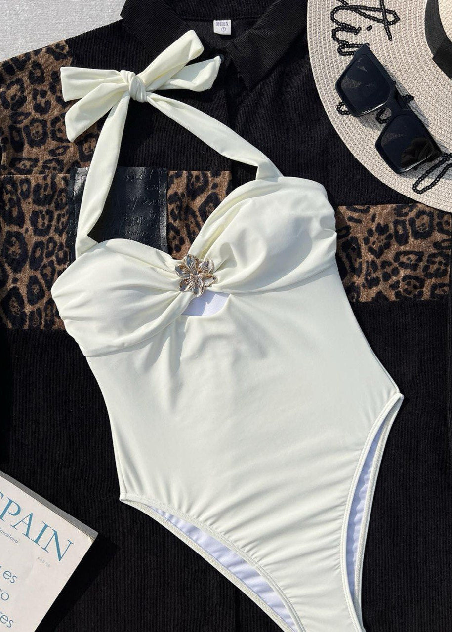 Solene Halter One-Piece Swimsuit with Floral Charm