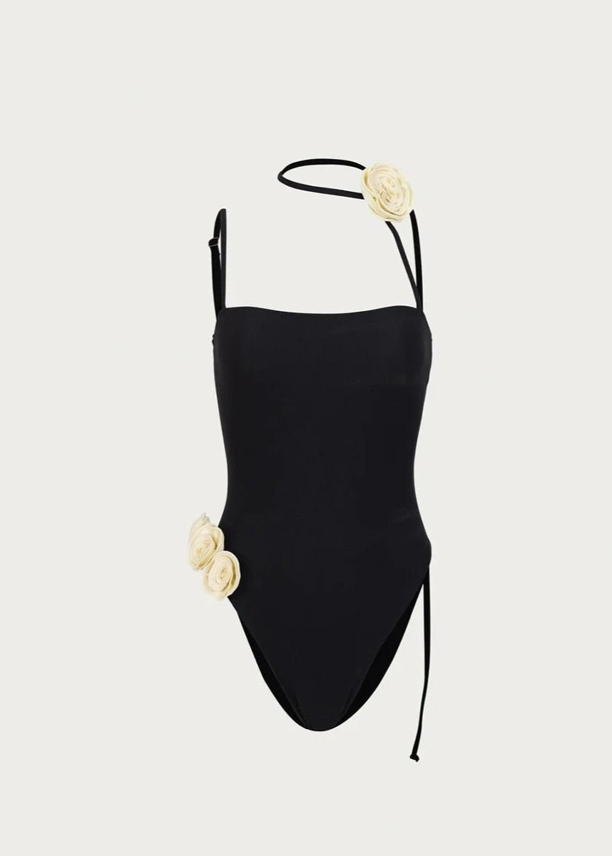 Noir Bloom One-Piece Swimsuit with 3D Floral Accents