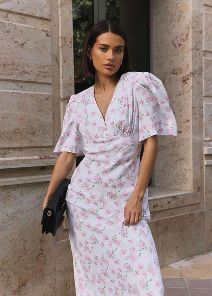 Blossom Grace - Pink Floral Midi Dress with Puff Sleeves