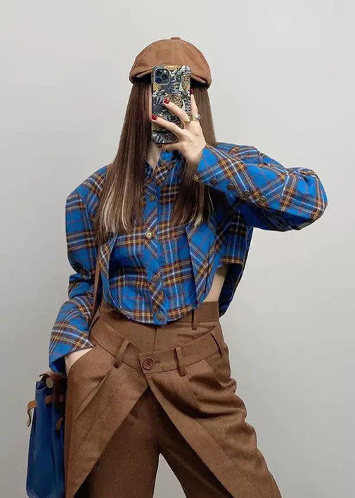 Siena - Retro Plaid Button-Up Shirt with Long Sleeves