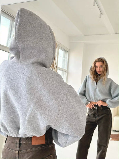 BubbleZip Cropped Hoodie with Balloon Sleeves