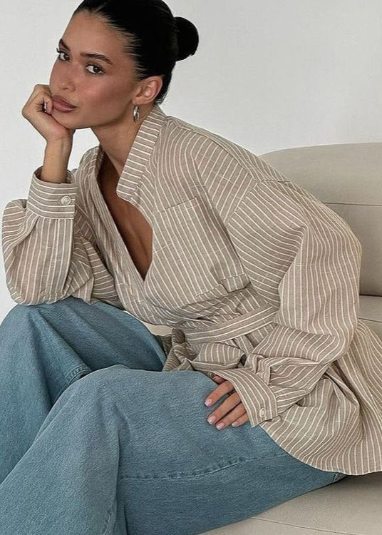 Brera - Striped Tie-Waist Shirt Blouse