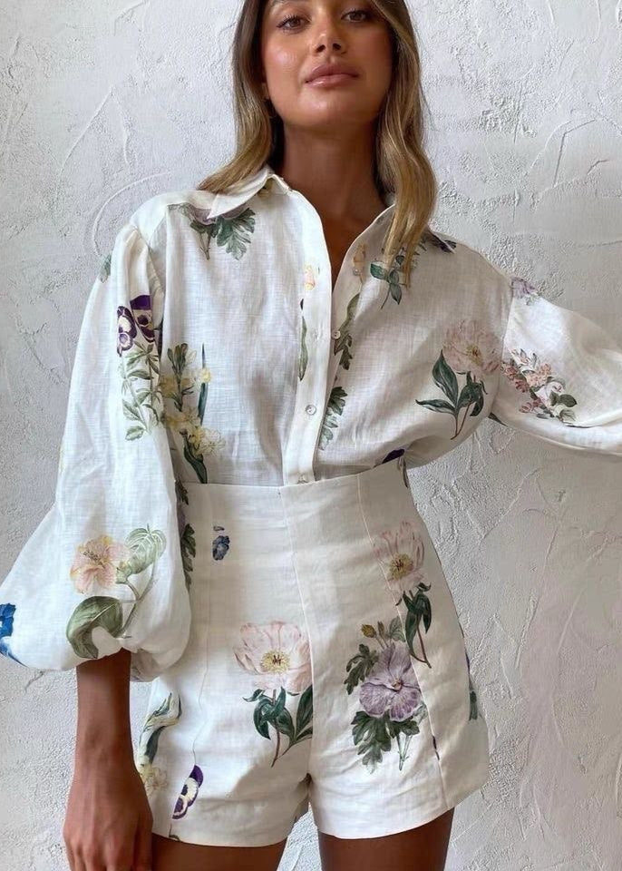 Wild Bloom - Floral Puff Sleeve Shirt and Shorts Set