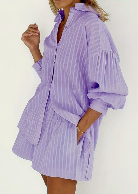 Lilac Drift - Striped Cotton Shirt and Shorts Set