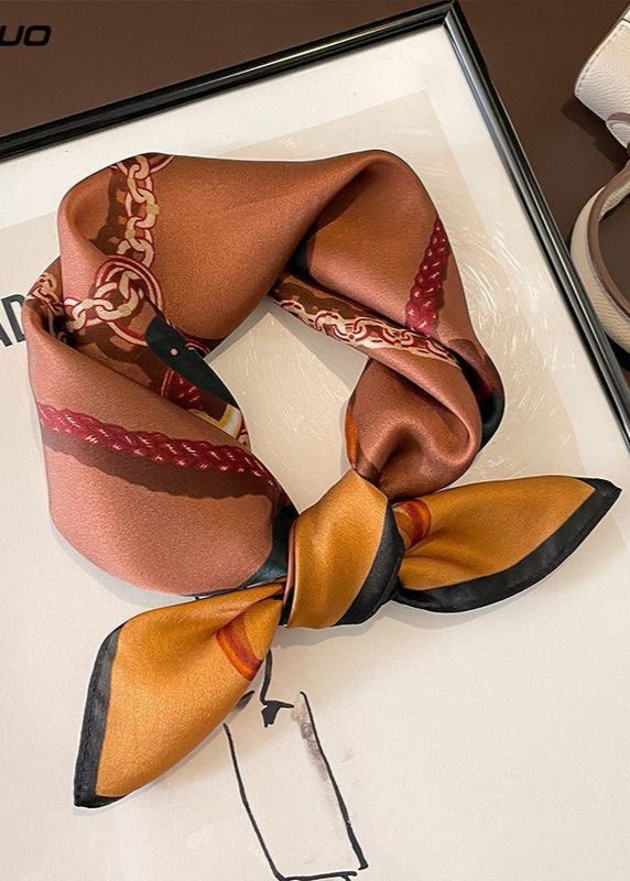 Marcelline Chain Print Scarf – Brown Satin Square 53×53cm