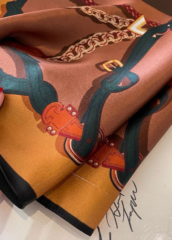 Marcelline Chain Print Scarf – Brown Satin Square 53×53cm