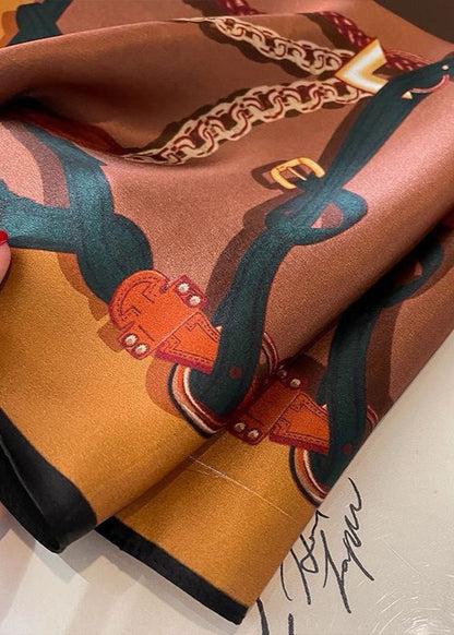 Marcelline Chain Print Scarf – Brown Satin Square 53×53cm