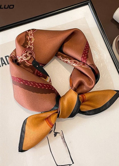 Marcelline Chain Print Scarf – Brown Satin Square 53×53cm