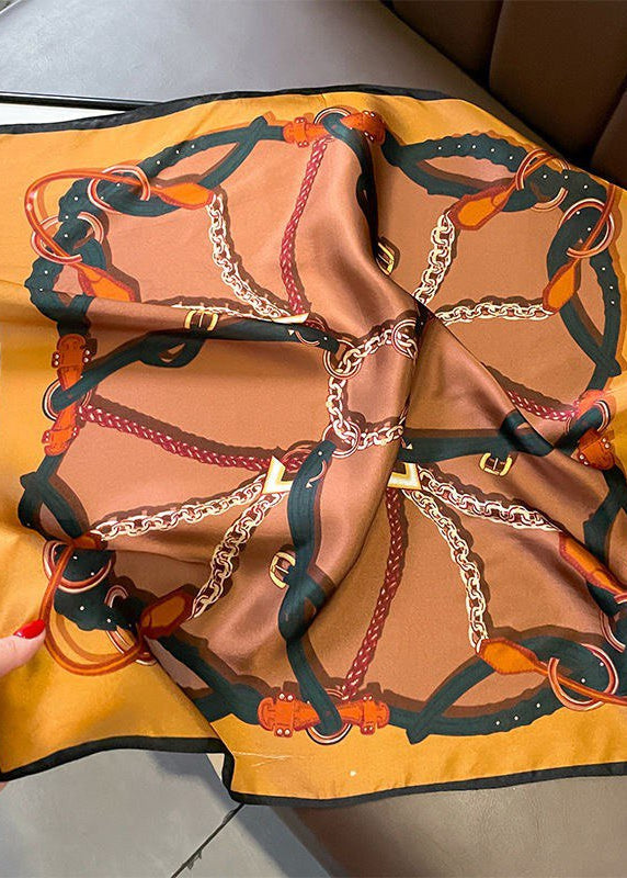 Marcelline Chain Print Scarf – Brown Satin Square 53×53cm