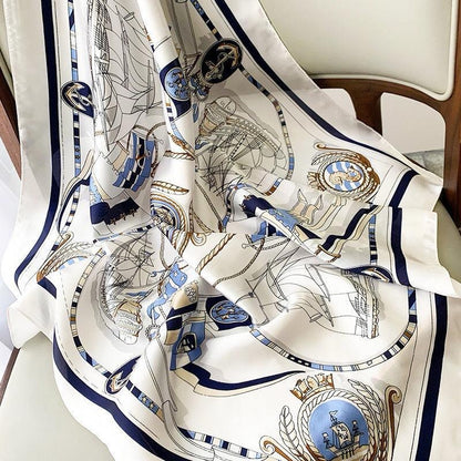Nautical Crest - Satin Square Scarf with Maritime Motif
