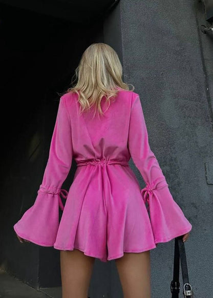 FlareCandy Tie-Front Romper – Hot Pink Long Sleeve Mini Playsuit