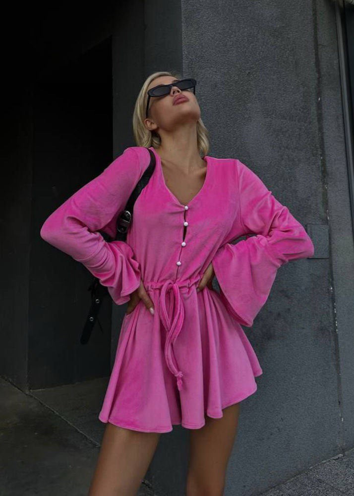 FlareCandy Tie-Front Romper – Hot Pink Long Sleeve Mini Playsuit