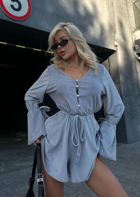 Ashbell Tie Waist Romper – Gray Flared Sleeve Mini Jumpsuit