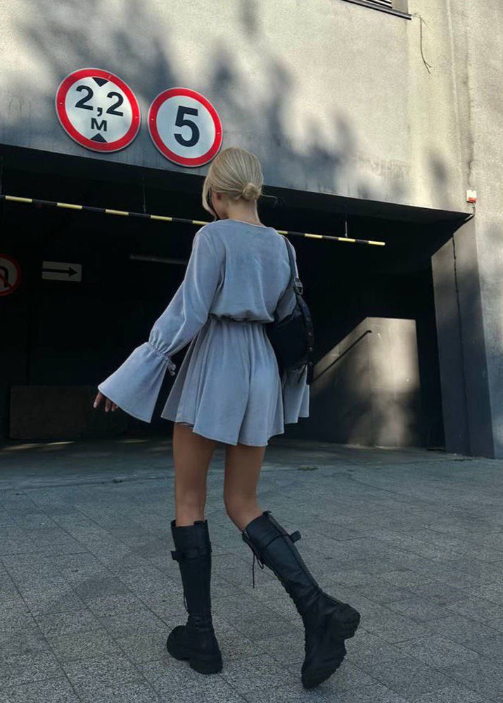 Ashbell Tie Waist Romper – Gray Flared Sleeve Mini Jumpsuit