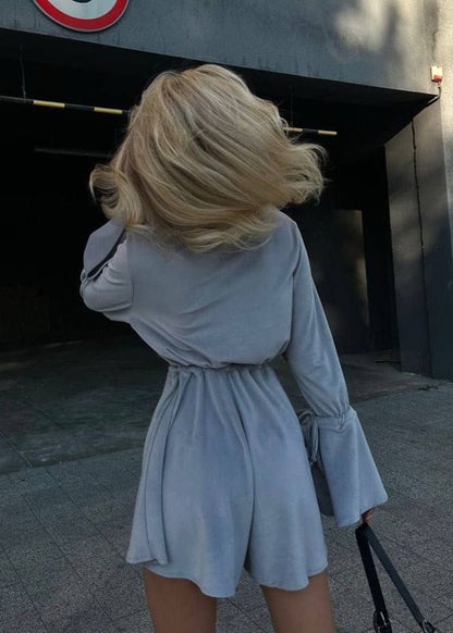 Ashbell Tie Waist Romper – Gray Flared Sleeve Mini Jumpsuit