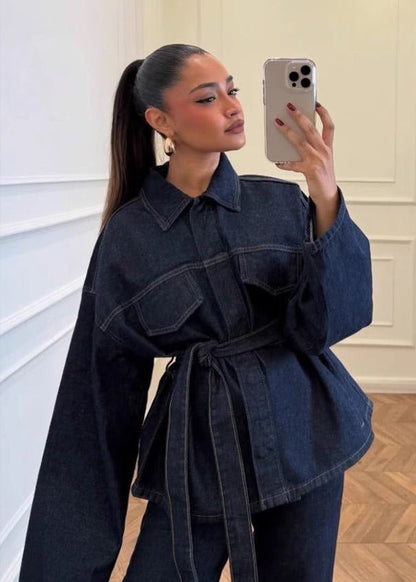 Indigo Structure Denim Set – Belted Oversized Jacket and Straight-Leg Pants