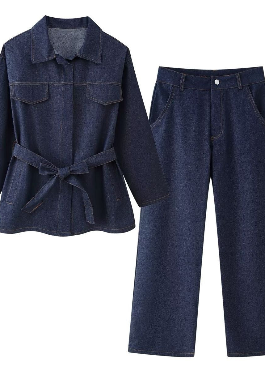 Indigo Structure Denim Set – Belted Oversized Jacket and Straight-Leg Pants