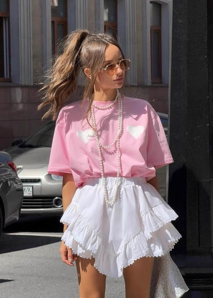 SweetHeart Cotton Tee – Pink Oversized T-Shirt with White Heart Patches