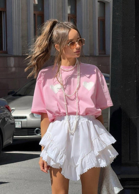 SweetHeart Cotton Tee – Pink Oversized T-Shirt with White Heart Patches