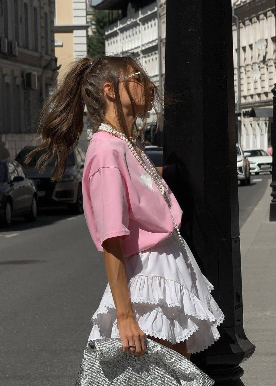 SweetHeart Cotton Tee – Pink Oversized T-Shirt with White Heart Patches