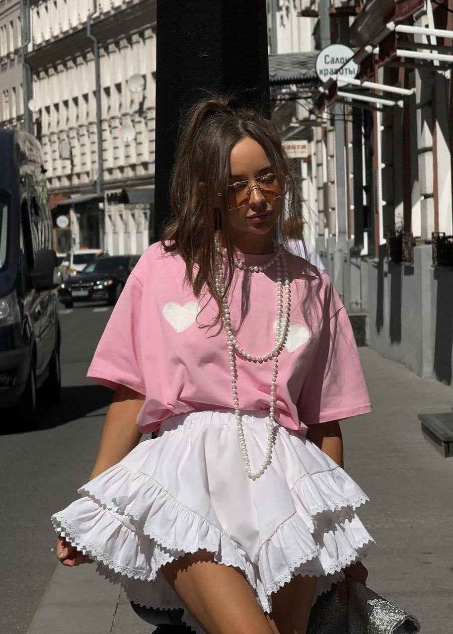 SweetHeart Cotton Tee – Pink Oversized T-Shirt with White Heart Patches