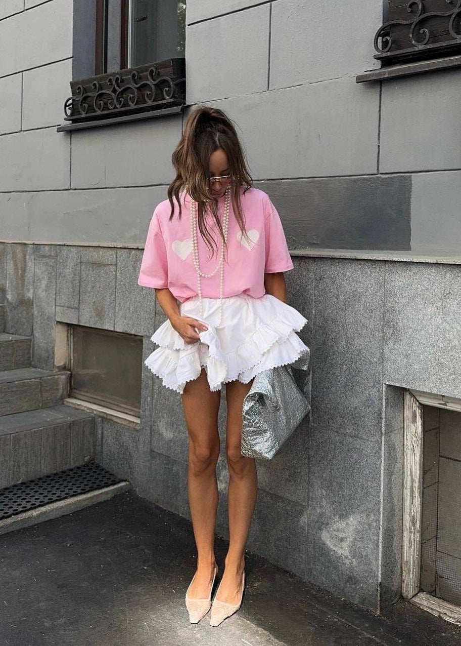 SweetHeart Cotton Tee – Pink Oversized T-Shirt with White Heart Patches