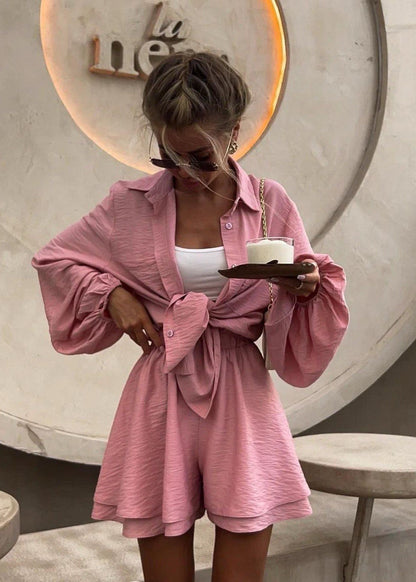 Sorella Crinkled Lounge Set – Tie-Front Shirt & High-Waist Shorts