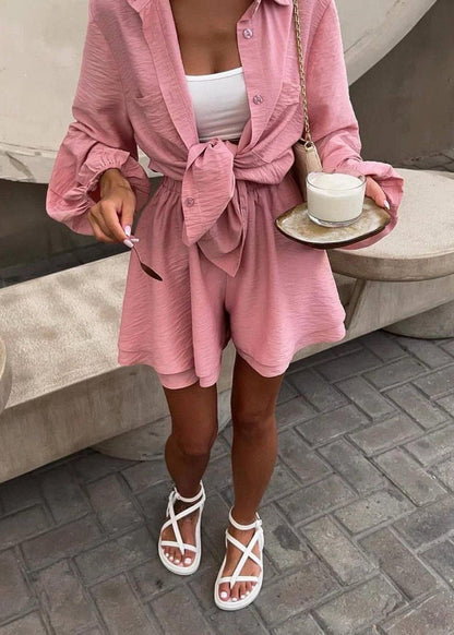 Sorella Crinkled Lounge Set – Tie-Front Shirt & High-Waist Shorts