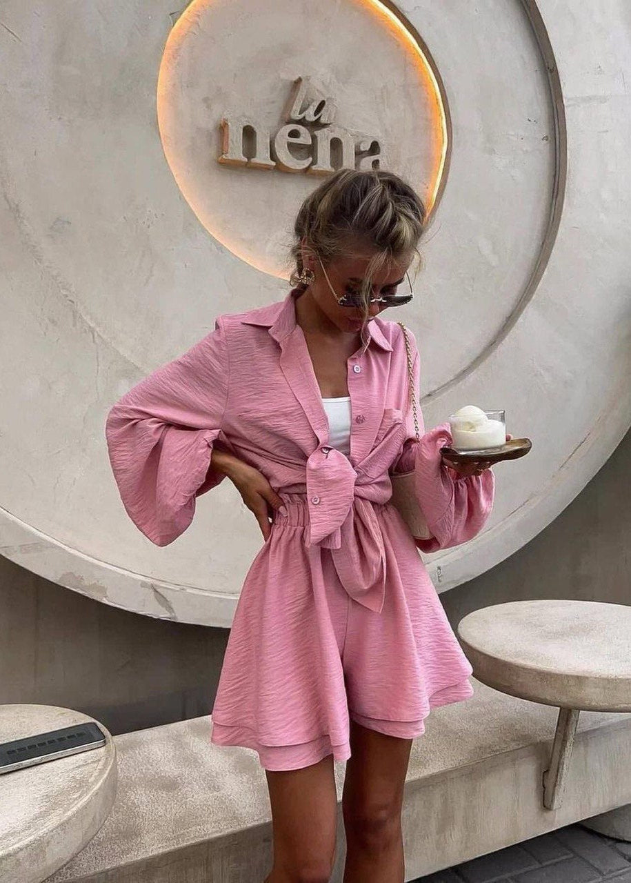 Sorella Crinkled Lounge Set – Tie-Front Shirt & High-Waist Shorts