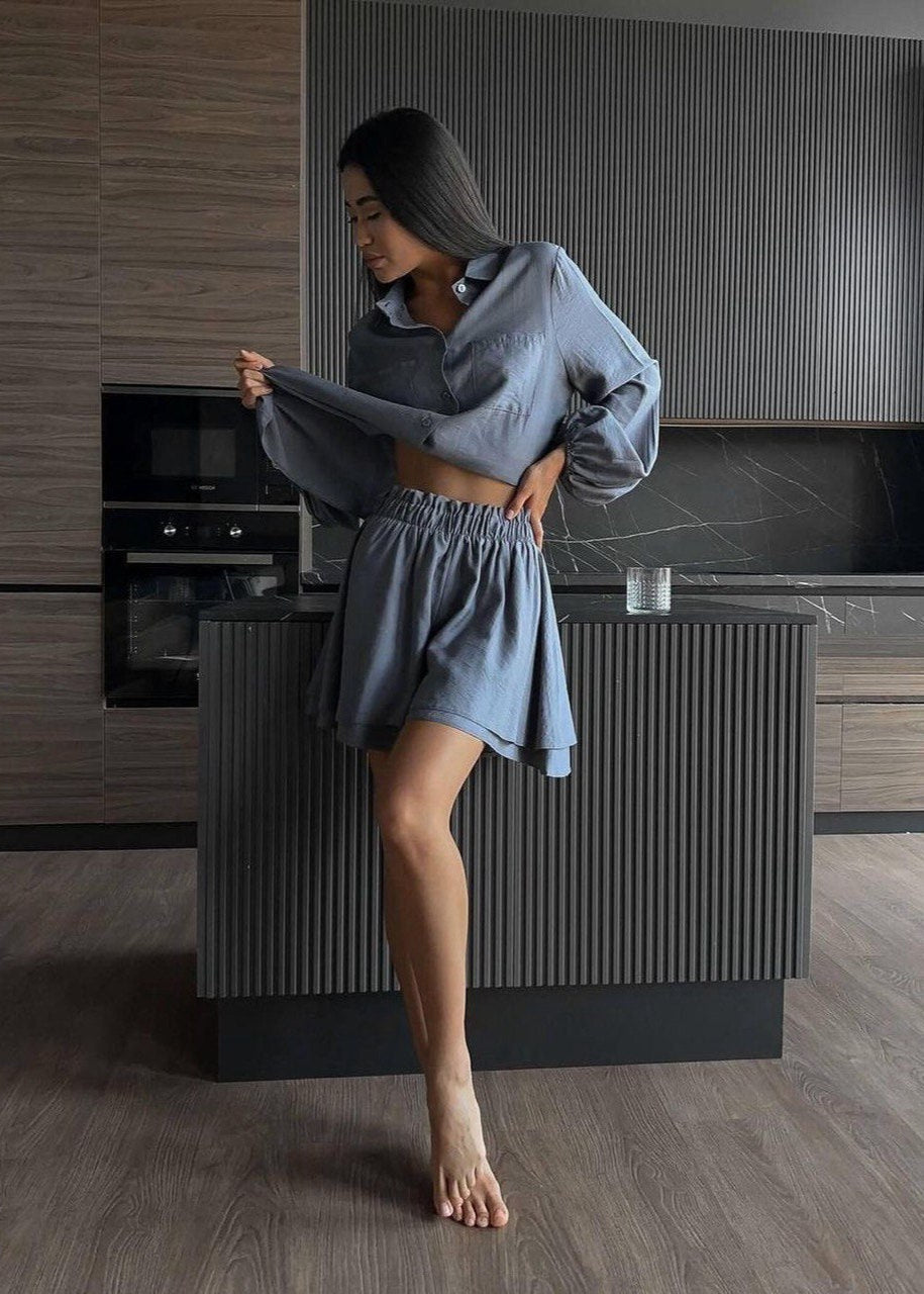 Sorella Crinkled Lounge Set – Tie-Front Shirt & High-Waist Shorts