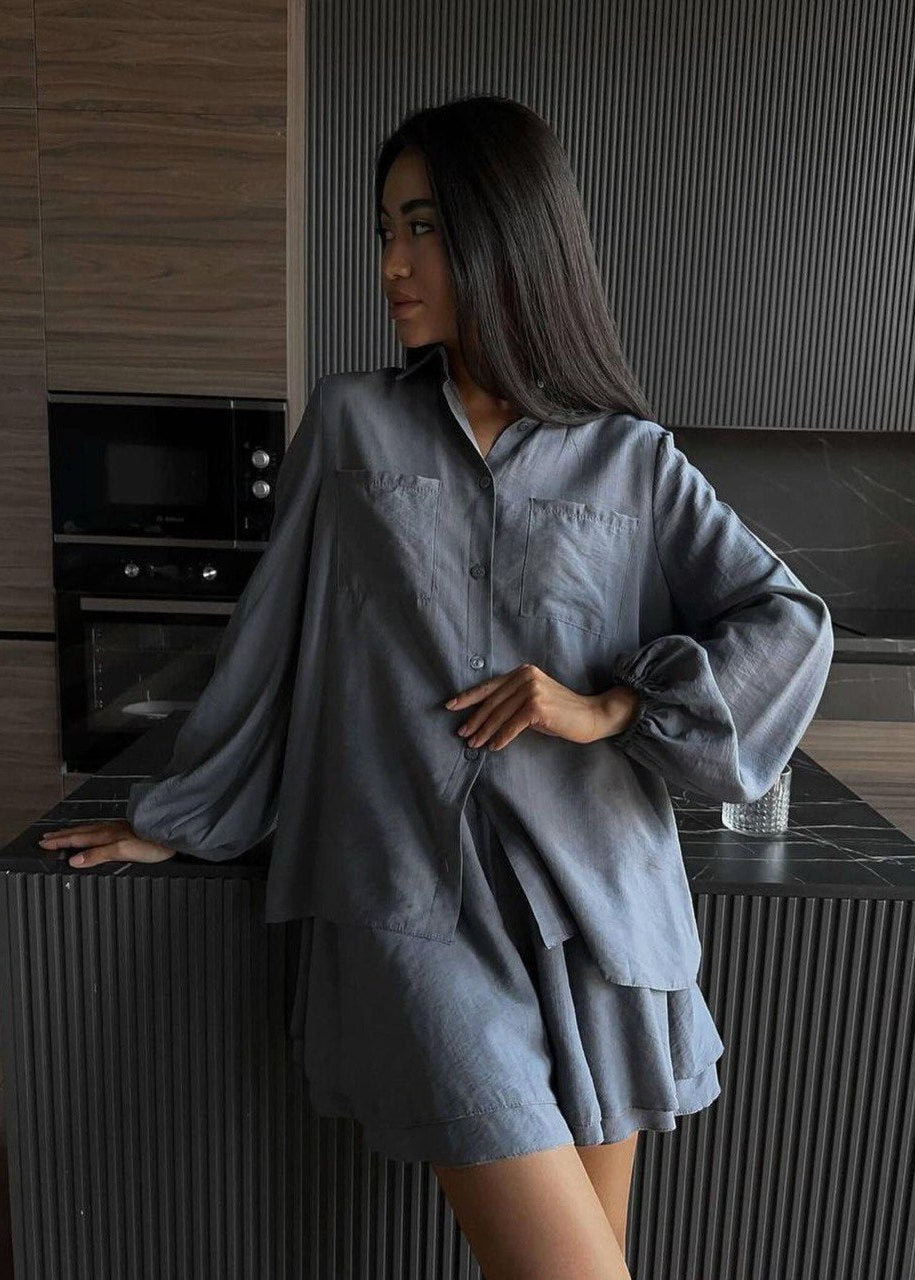 Sorella Crinkled Lounge Set – Tie-Front Shirt & High-Waist Shorts