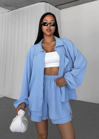 Skye Soft Blue Set – Oversized Button Shirt & Elastic Shorts