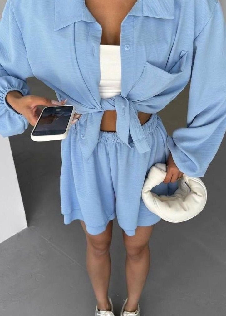 Skye Soft Blue Set – Oversized Button Shirt & Elastic Shorts