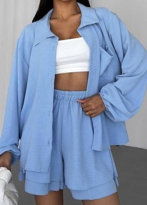 Skye Soft Blue Set – Oversized Button Shirt & Elastic Shorts