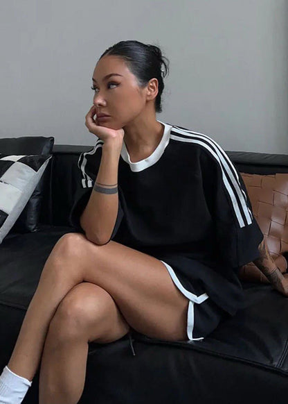 Nova Stripe Set – Black Relaxed Tee & High-Waisted Drawstring Shorts
