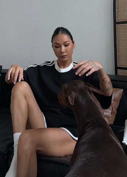 Nova Stripe Set – Black Relaxed Tee & High-Waisted Drawstring Shorts