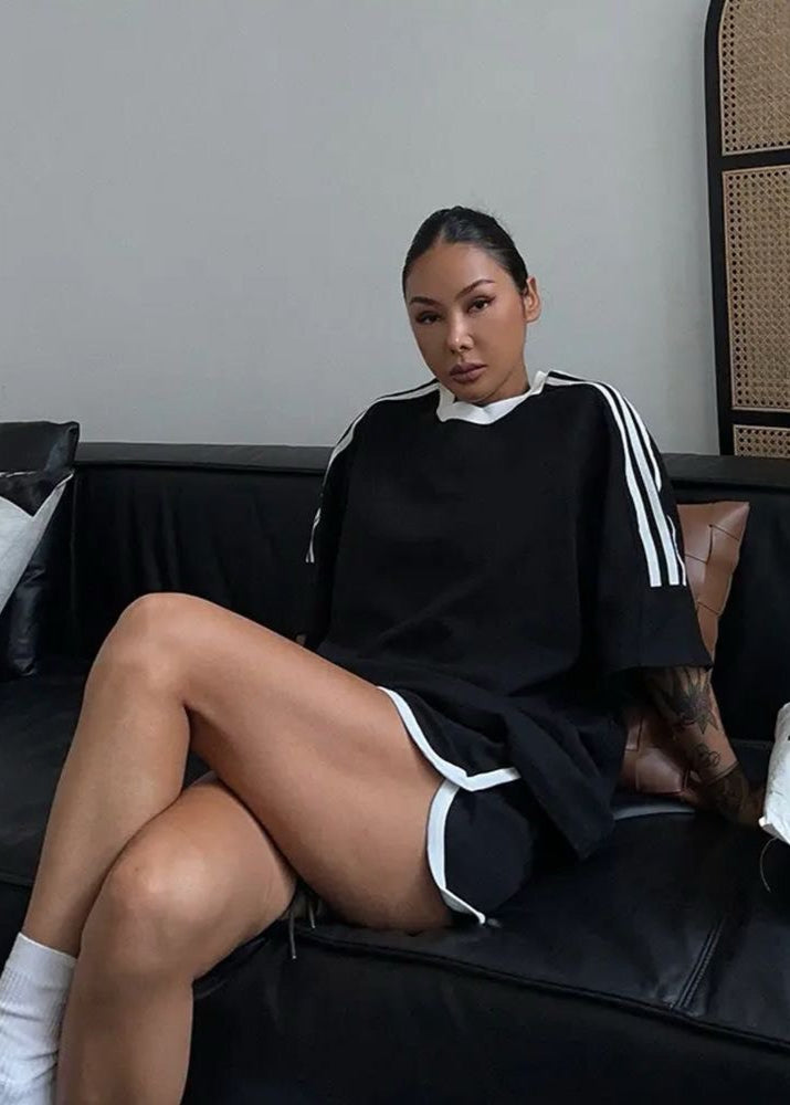 Nova Stripe Set – Black Relaxed Tee & High-Waisted Drawstring Shorts