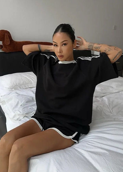 Nova Stripe Set – Black Relaxed Tee & High-Waisted Drawstring Shorts